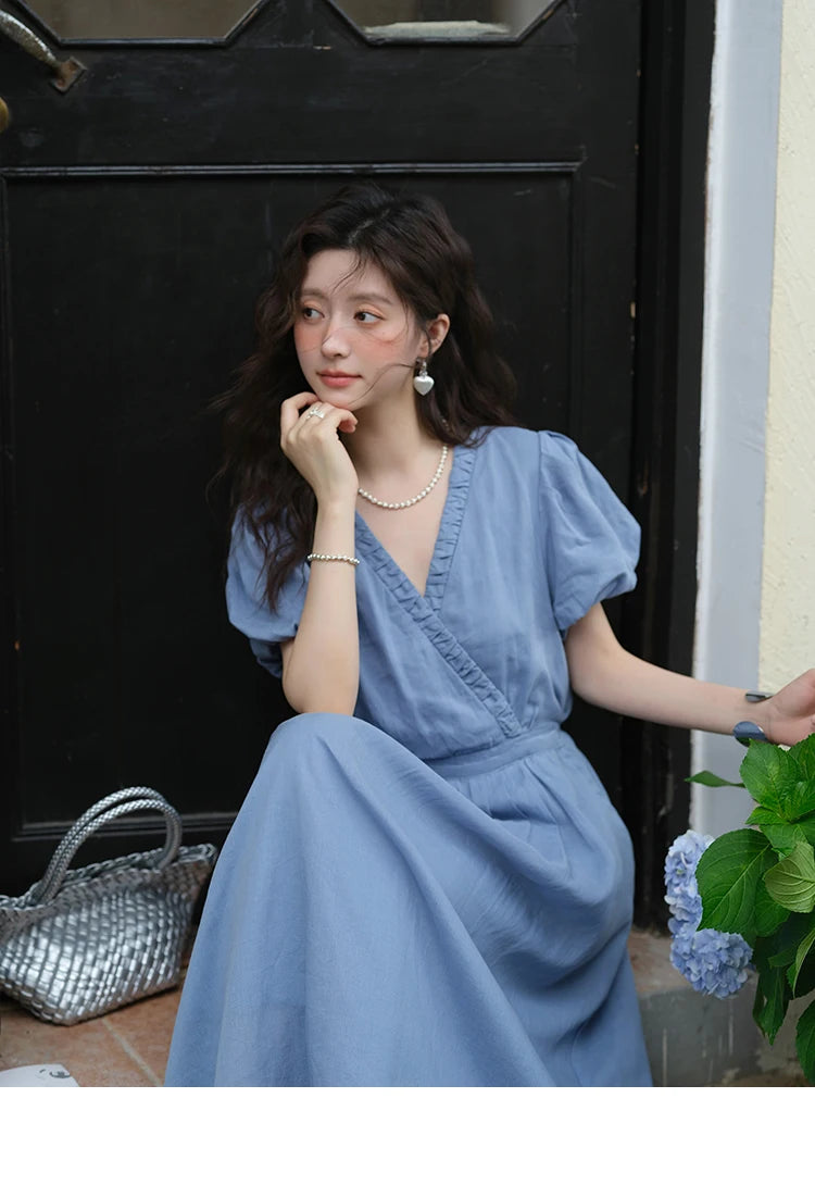 MISHOW Summer Fashion V-neck Dress Woman 2025 New Puff Sleeve Sashes Elegant Pocket Vacation Dresses Ladies Clothing MXE39L2381