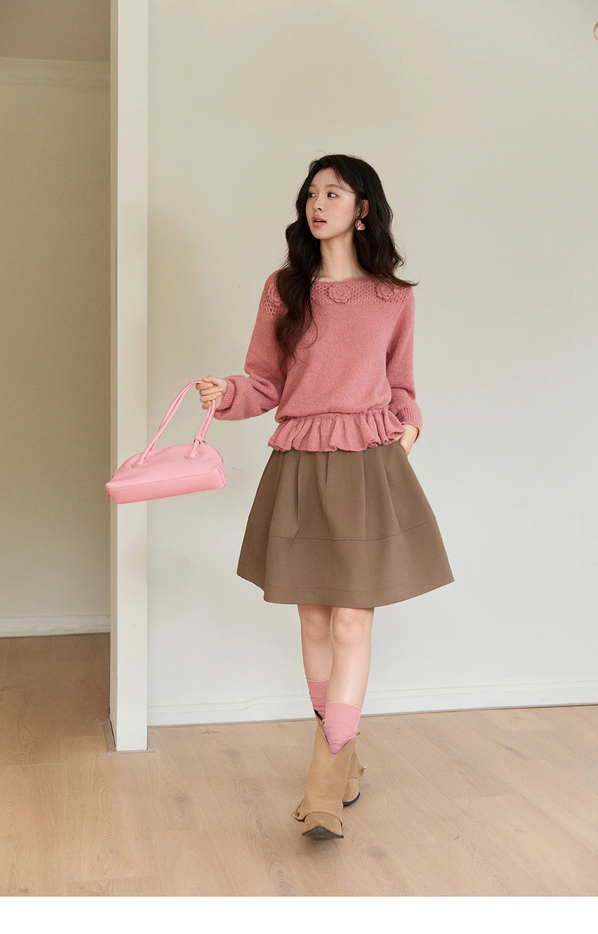 MISHOW Women's Pink Hollow-out Knitwear 2026 Spring Crew Neck Floral Embroidery Sweater Ruffled Hem Casual Loose Top MXE94Z2865