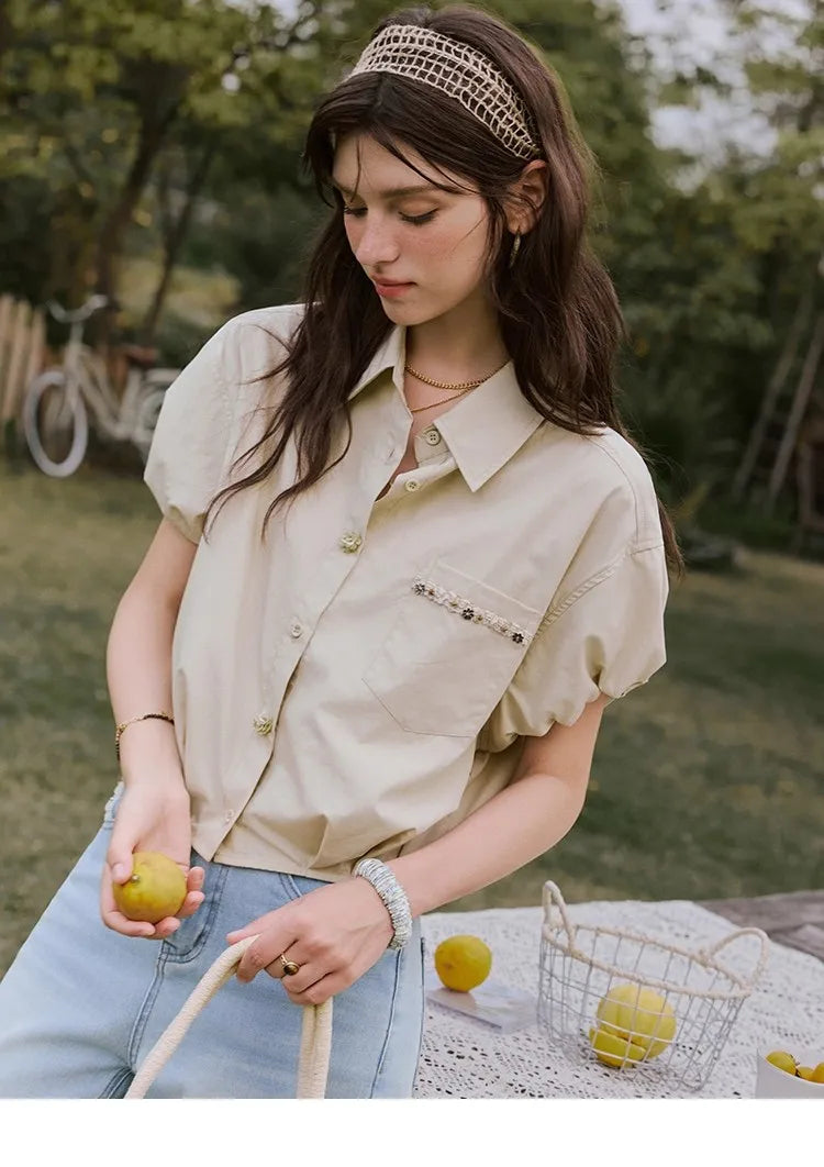 MISHOW Casual Summer Blouses Women 2025 New Short Puff Sleeve Turn Down Collar Shirt Female Fashion Shell Ribbon Tops MXE33C0773