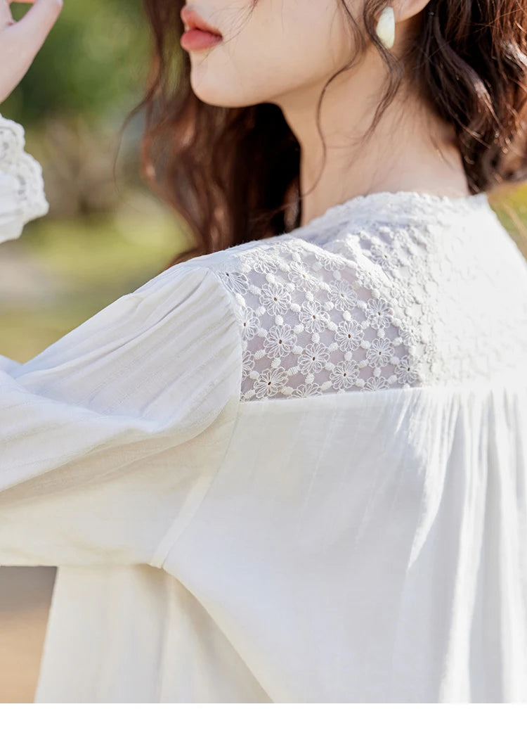 MISHOW Lace Patchwork Shirt for Women Spring 2025 V-neck with Fungus Edge Lace-up Chiffon Top Petal Sleeve Shirts MXE13X1713