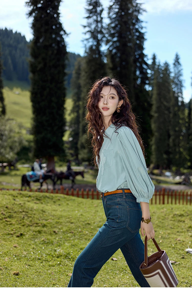 MISHOW Hong Kong Retro Solid Long Sleeve Shirt 2024 Autumn Temperament Loose Tops Lantern Sleeve Embroidery Shirts MXD41C0287