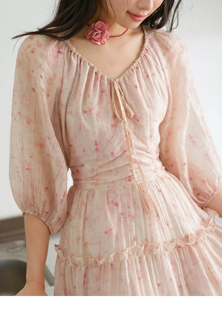 MISHOW Korean Women's Floral Pink Dress Autumn Convertible V Neck Off Shoulder Bubble Sleeves Elastic Waist Dresses MXE41L2479