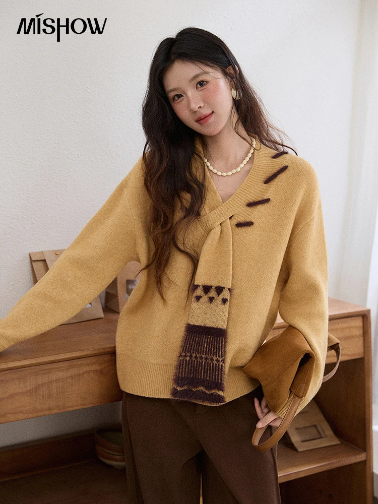 MISHOW Women V-neck Knit Top 2025 French-style Elegant Workwear Long-sleeved Yellow Pullover Women's Winter Clothing MXE87Z2771