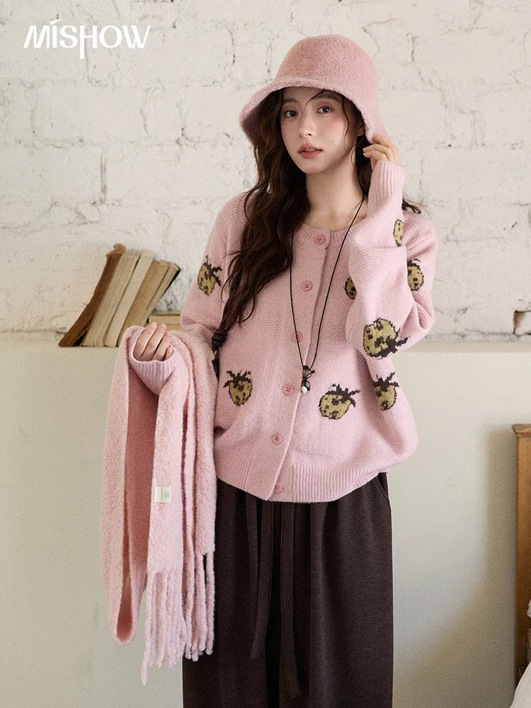 MISHOW Cardigan Women 2025 Autumn Winter Fashion Fuuny Pineapple Jacquard Round Neck Single-breasted Sweater Woman MXE87Z2752