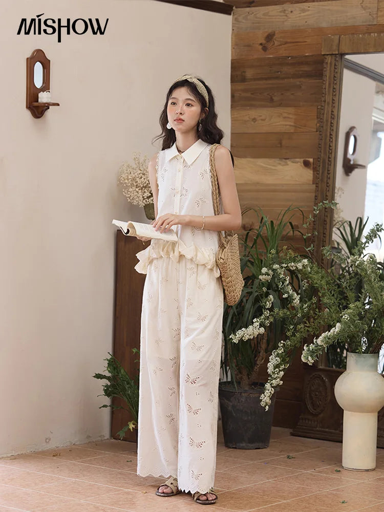 MISHOW 100 Cotton Butterfly Hollow Lace Lapel Shirt for Women Single Breasted Elegant Breathable Shirts with Tube Top MXE34X1808