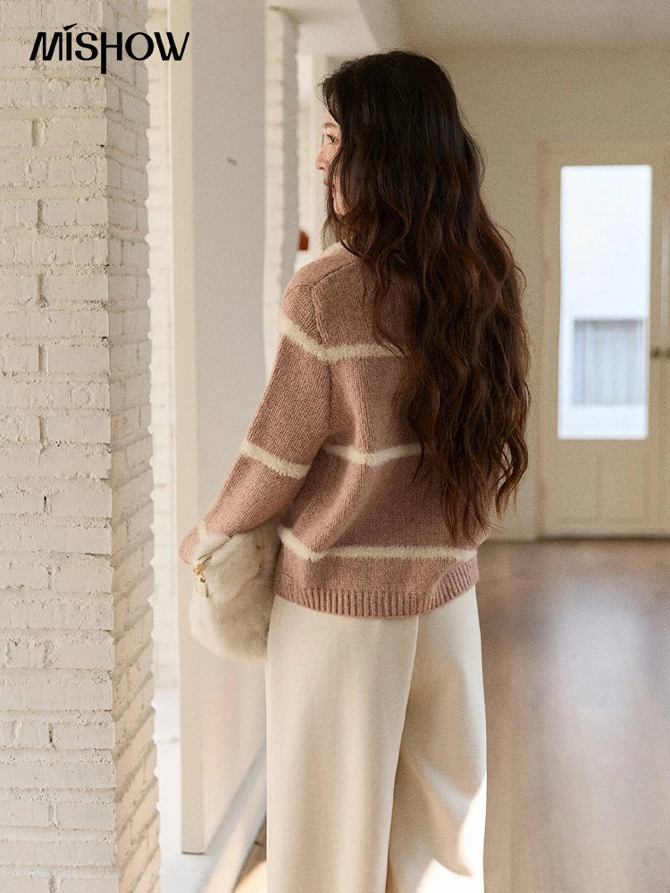 MISHOW Woman Knitted Cardigan 2025 Winter Sweet Style Faux Mink Turn-down Collar Striped Stitching Sweater Commute MXE89Z2668