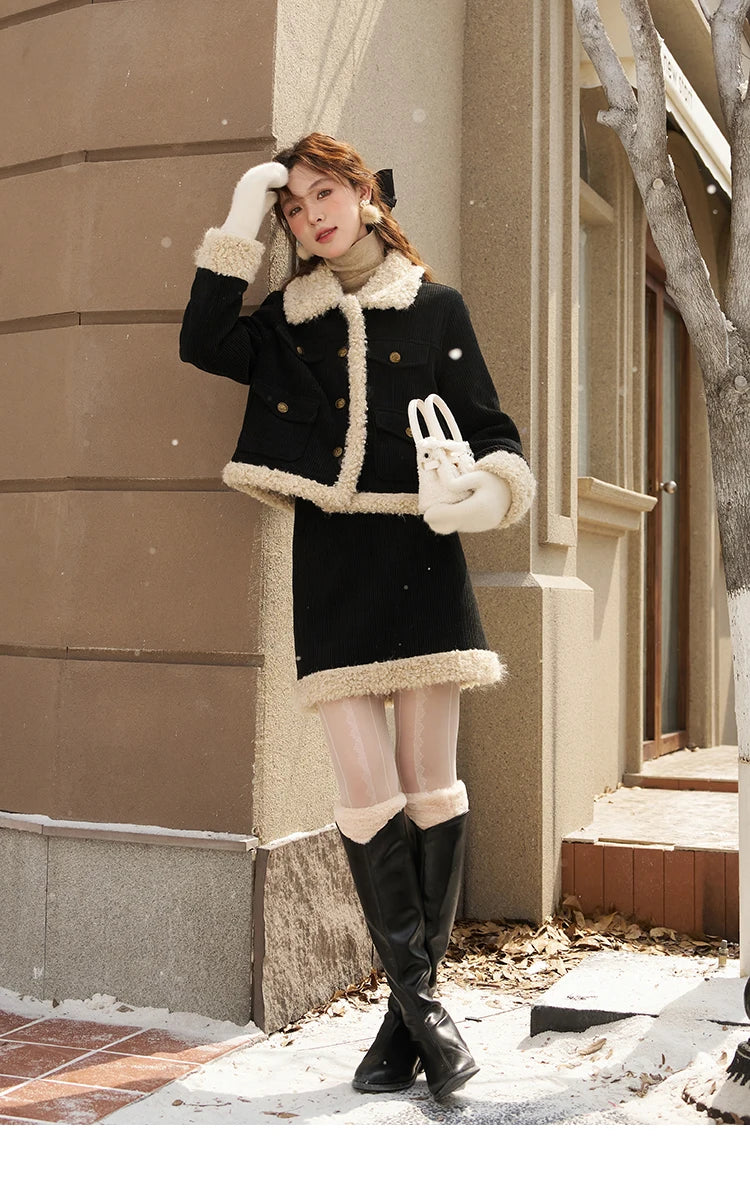 Mishow French Corduroy Patchwork Jacket & Mini Skirt Set MXC57W0180