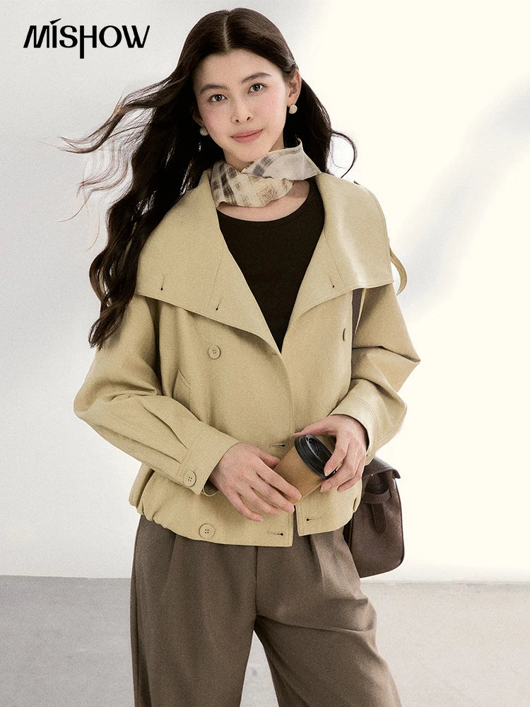 MISHOW Women's Khaki Cropped Short Leather Jacket 2026 Spring Lapel Stand Collar Double Breasted Casual Loose Coat MXF108W1000