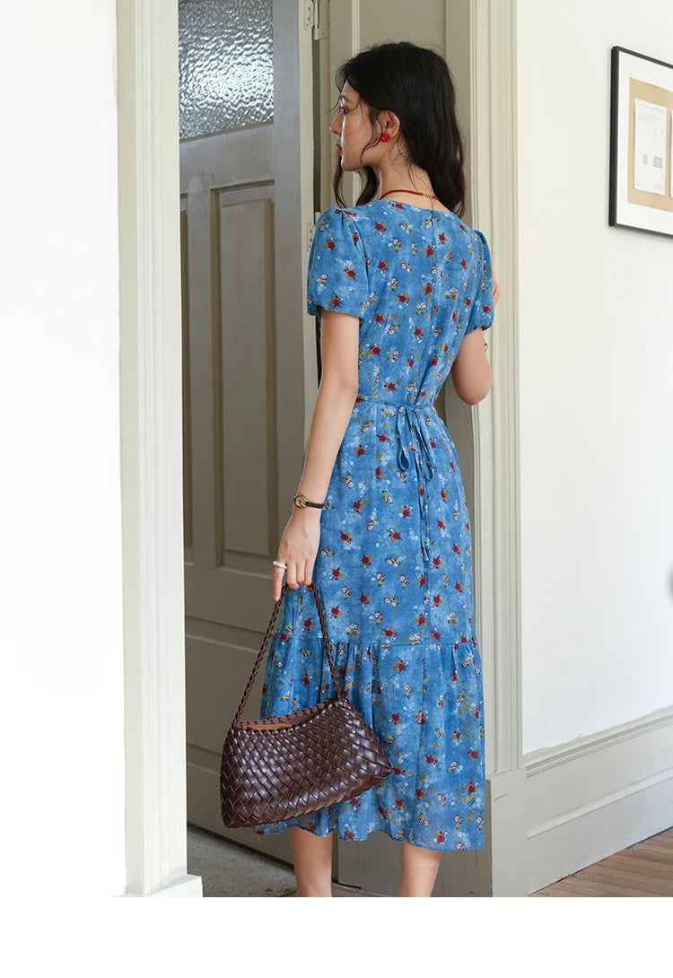 MISHOW Women's V-neck Lace Up Dress 2025 Summer New Female Fashion Puff Sleeve Chiffon Print Dresses Ladies Clothing MXE39L2401