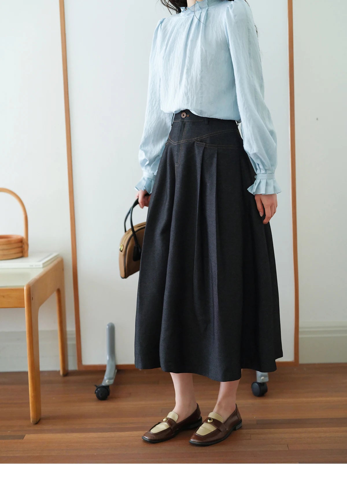 MISHOW High Waist Pleated Umbrella Denim Skirt 2025 Autumn A-LINE Deep Blue Skirts Female One Button Casual Skirts MXE41B2372