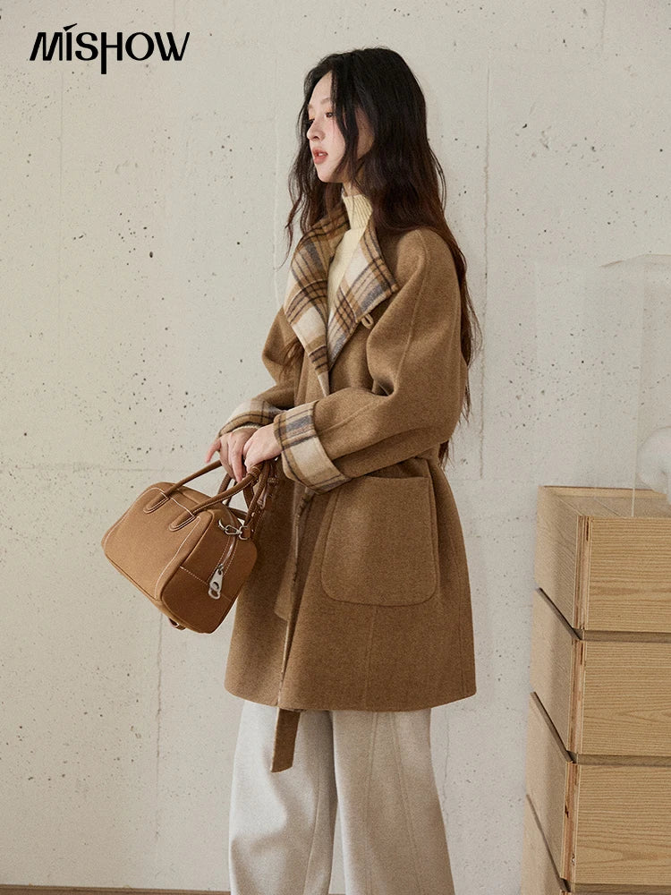 MISHOW Plaid Double-faced Wool Coat Women 2025 Winter Retro Lapel Single Buckle Loose Mid-length Coat Woman Clothes MXE89W0898