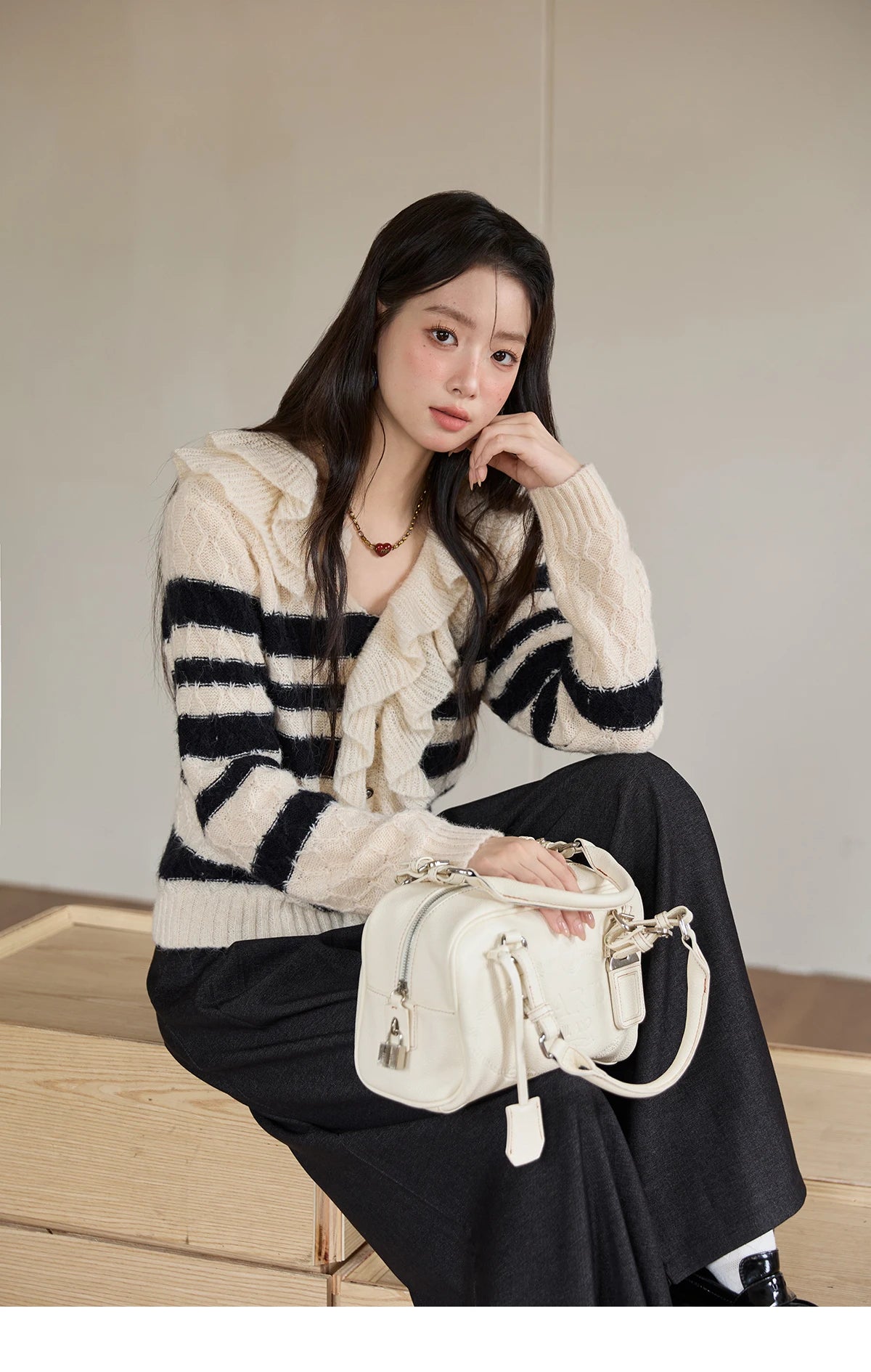 MISHOW Striped Sweater for Women 2025 Autumn New Asymmetrical Ruffled Diamond Shape Knitted Retro Women's Cardigan MXE51Z2633