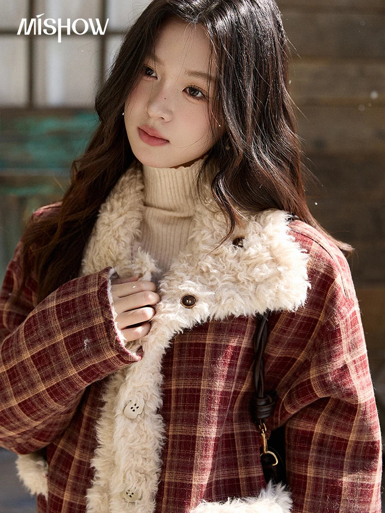 MISHOW Christmas Women's Reversible Retro Red Plaid Lamb Wool Coat 2025 Winter Loose Warm Fur-Lined Lapel Outerwear MXE93W1009