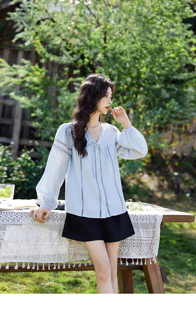 MISHOW French Sweet Loose Blue Shirt for Women 2025 Spring Summer V-neck Lace-up Hollow Doll Shirt Lantern Sleeve Top MXE12C0411