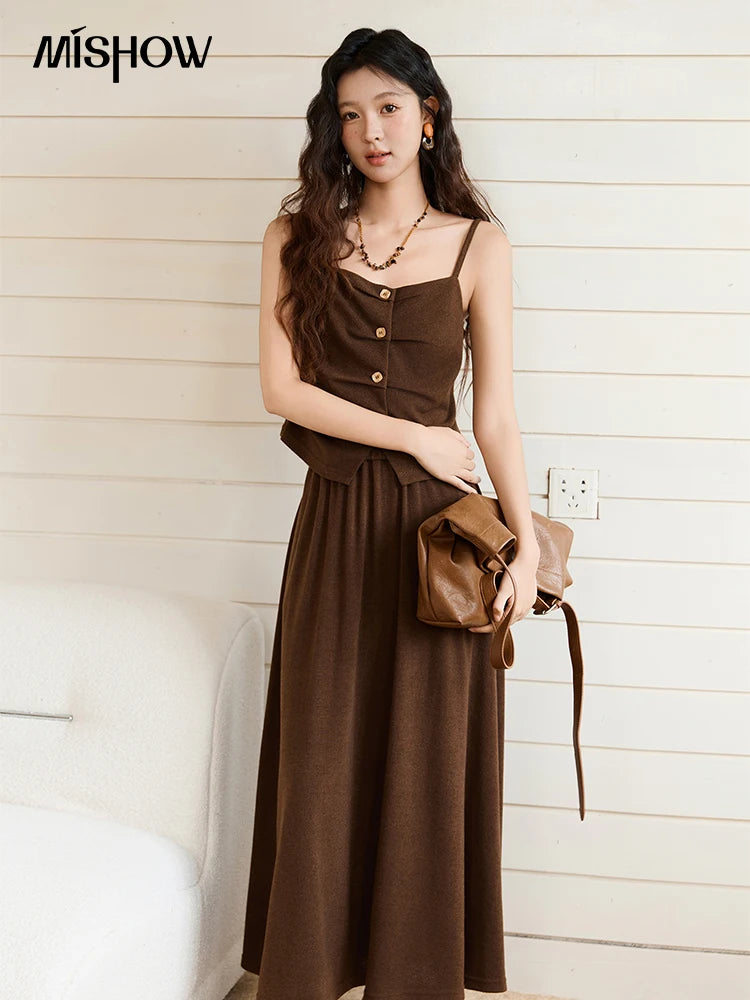MISHOW Camisole Skirt Suit 2025 Retro Dark Brown Pleated Design Tank Top A-line Skirt  Autumn Women's Clothing Set MXE46T1378