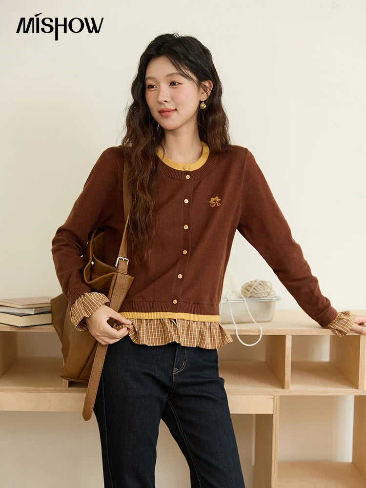 MISHOW Fake Two Knitted Sweaters Autumn Retro Color Contrasting Bow Embroidered Sweater Hemp Cuff Splicing Plaid Top MXE46Z2495