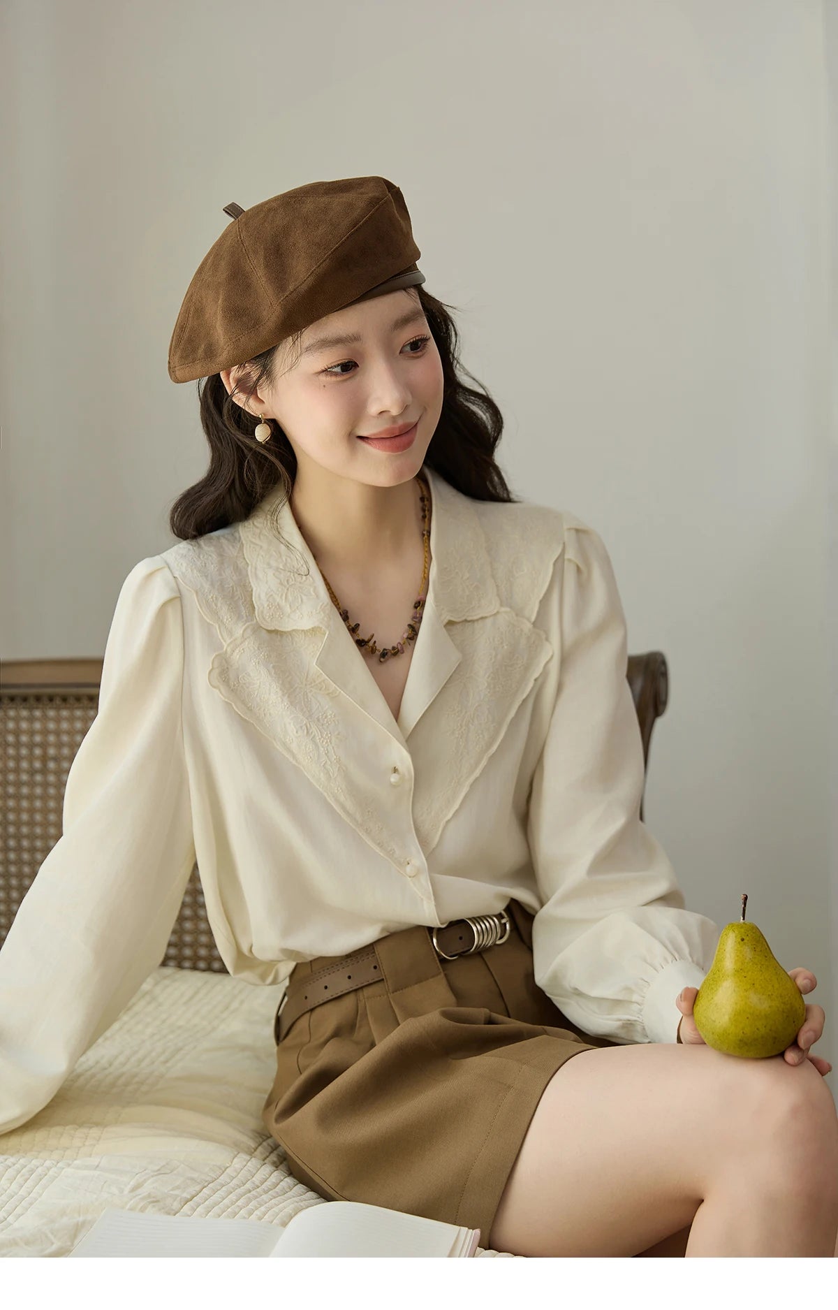 MISHOW Women's Casual Shirts 2025 Autumn Apricot Retro Lace V-neck Top Long Sleeve Lightweight Shirts Women Clothing MXE45X2486