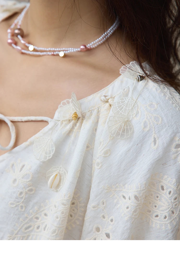 MISHOW Fashion Embroidery Jacquard Design Short Sleeve Shirt for Women 2025 Summer New V-neck Lace Up Retro Loose Top MXE35X1790