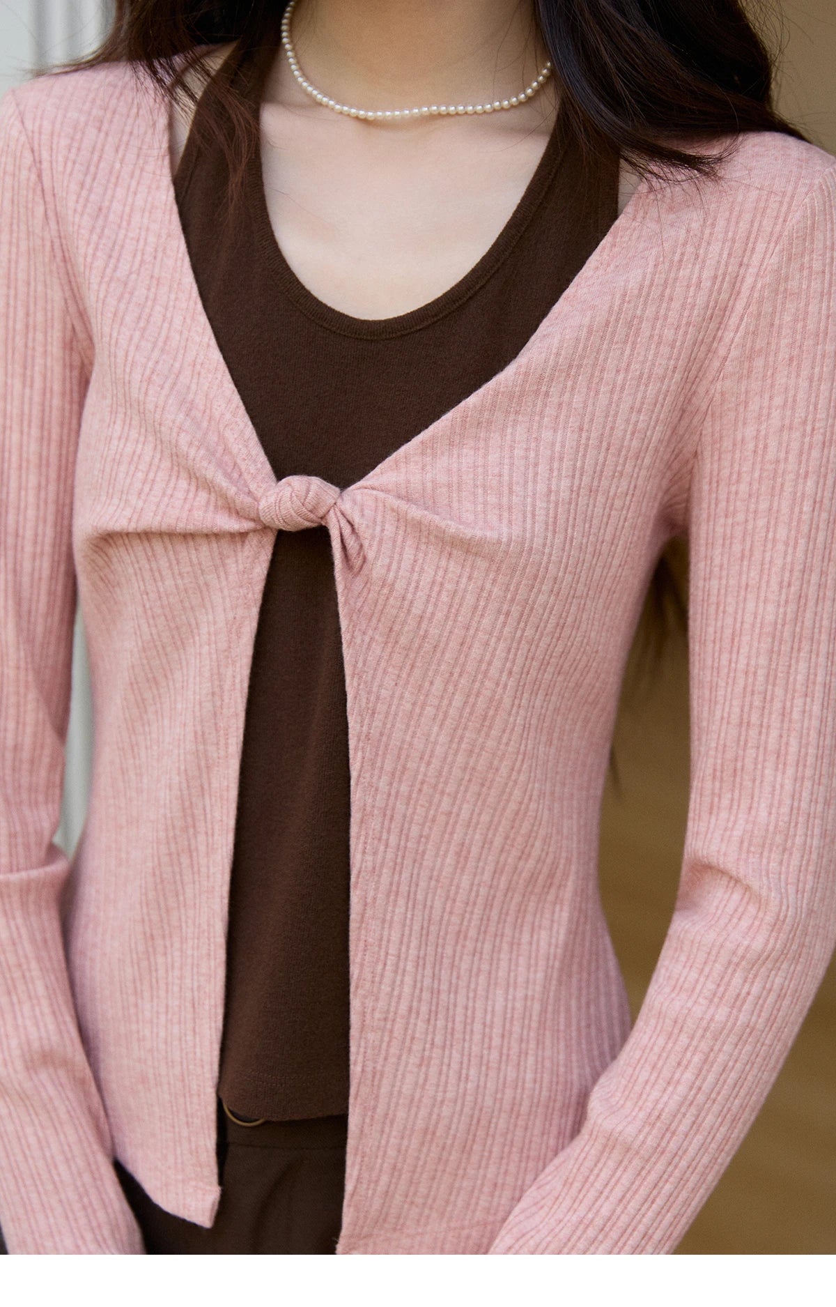 MISHOW Women's Pink Brown Fake Two-Piece Top 2026 Spring Ribbed Knit Knot Front Thin Top U-Neck Long Sleeve Slim Tops MXF11Z2912