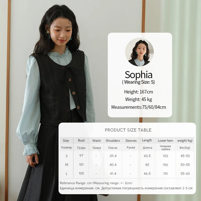 MISHOW Deep Blue Imitation Denim Vest Coat 2025 Autumn Round Neck Lace-up Coat Contrasting Button Single Breasted Top MXE41W0797