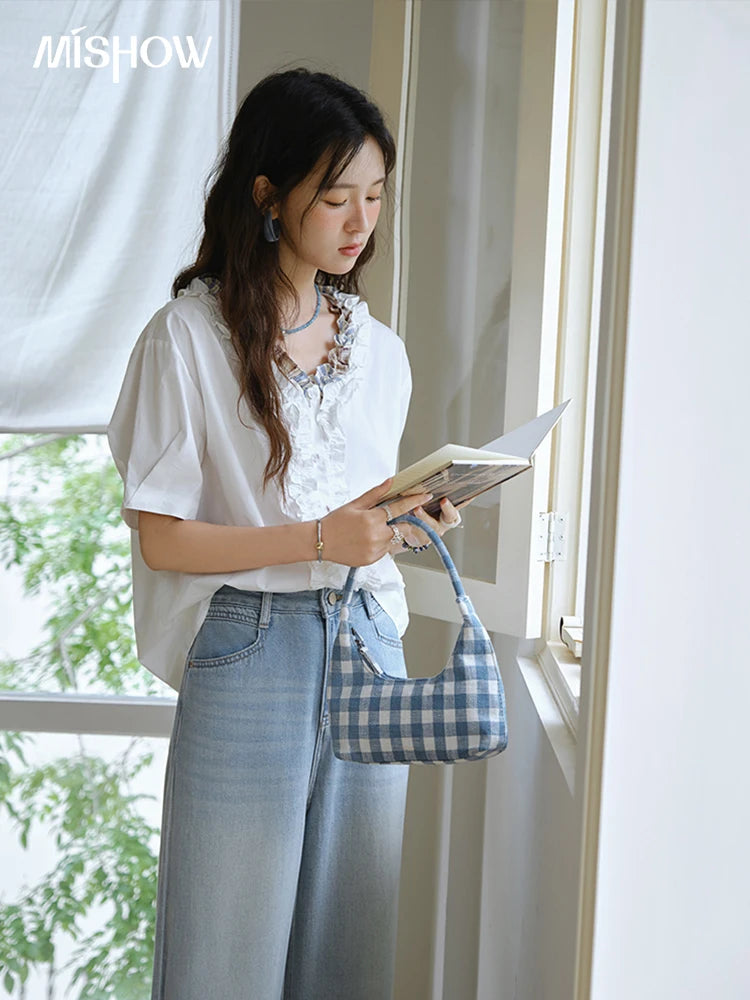 MISHOW Fashion V-neck Shirt for Women Summer 2025 Thin Short Sleeve Patchwork Double Layer Fungus Edge Button Top MXE35X1793