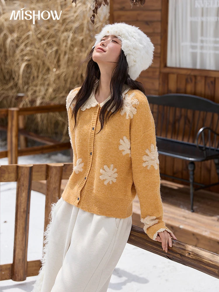 MISHOW Yellow Retro Jacquard Cardigan Women 2025 Autumn Winter Lazy Style Turn-down Collar Loose Sweater Office Lady MXE88Z2691