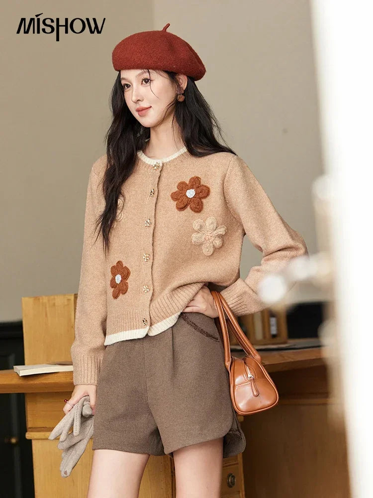 MISHOW Knitted Sweater Flower Pattern Cardigan O-Neck Color Clash Design Warm Coat Metal Buttons Sweet Soft Tops MXD56Z0919