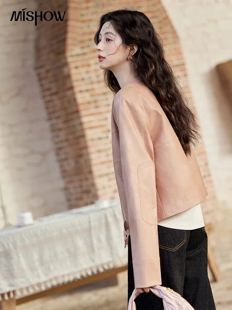 MISHOW Fashion Pink Leather Jacket Women's Spring 2025 New Shoulder Long Sleeved Slim Fit Leisure Tops Coat Female MXE11W0714