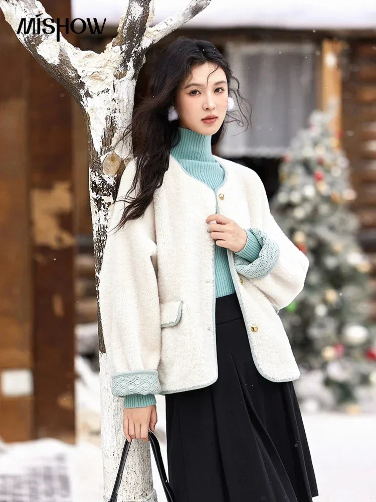 MISHOW Lamb Wool Jacket Women Cuffs Spliced Lace Metal Buttons Design Suede Plush Soft Warm Solid Leather Fur Coats MXD58W0740