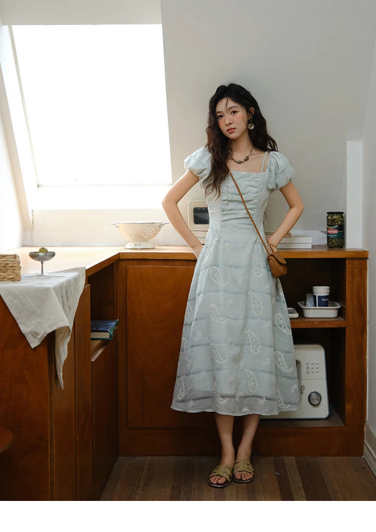 MISHOW Fashion Embroidery A-line Dress for Women 2025 Summer Puff Sleeve Square Neck Vacation Dresses Female Clothing MXE34L2265