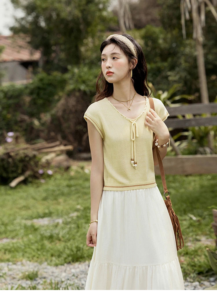 MISHOW Office Lady Summer Knitted Sweater V-neck Short Sleeve Solid Slimming Bead Design Pullover Female Lazy Tops MXE33Z1227