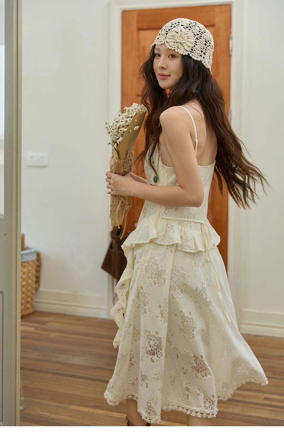 MISHOW Bohemian Apricot Lace Camisole Inner Dress Autumn Irregular Ruffle Tassel Hem Dresses Front Side Fork Dress MXE43L2449