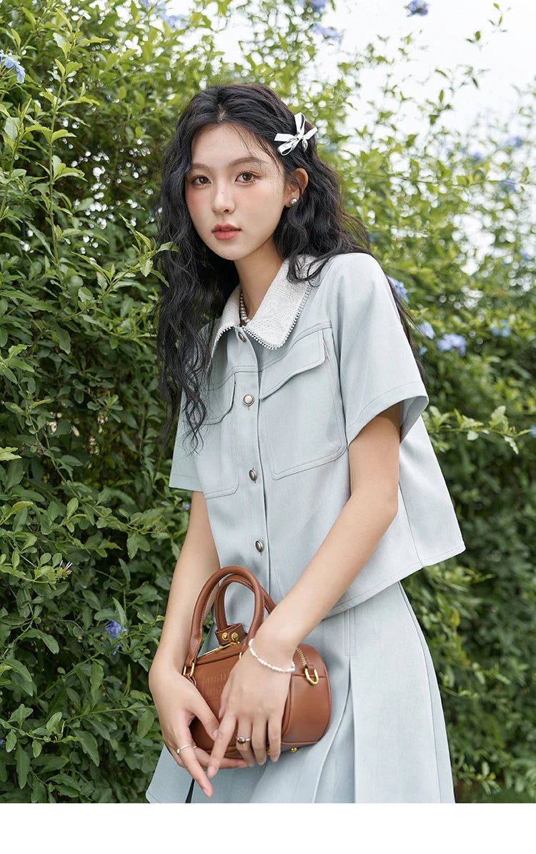 MISHOW French Fragrance Top Pleated Skirt Separately 2024 Lapel Neck Single Breasted Shirt High Waist A-line Skirts MXD24C0201