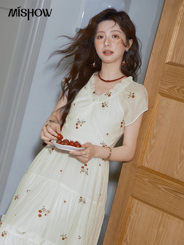 MISHOW Women's V-neck Chiffon Embroidery Dress 2025 Summer New Fashion Lace Splicing Print Dresses Women's Clothing MXE39L2382