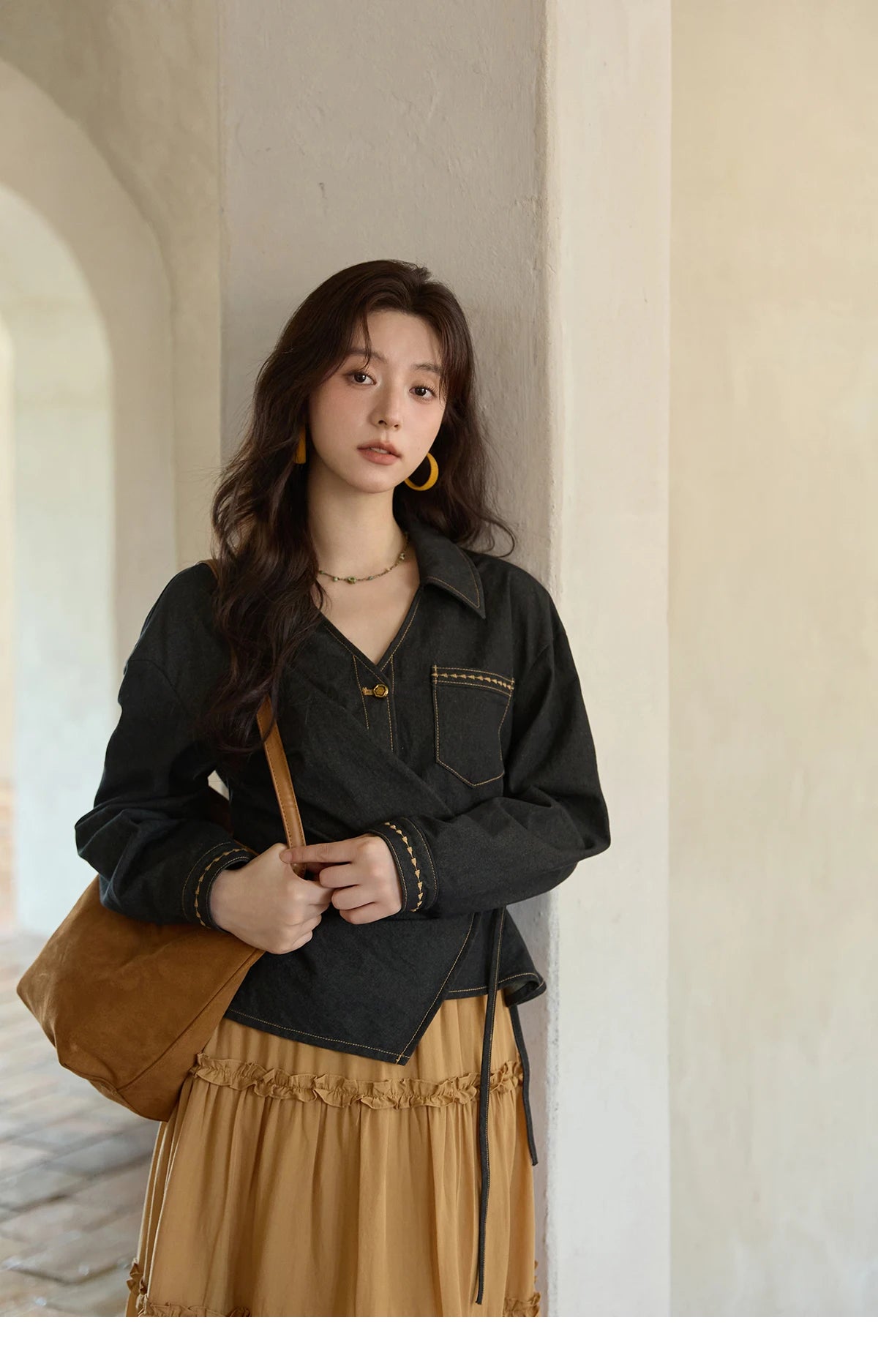 MISHOW Black Imitation Denim Shirt Side Lace-Up Lapel V-Neck MXE42C2374