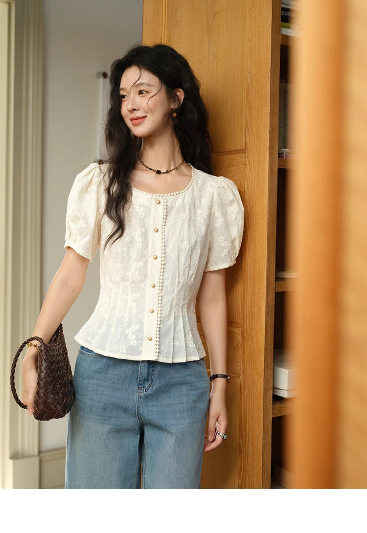 MISHOW Embroidery Cotton Shirt for Women 2025 Summer Fashion French Style Puff Sleeve Button Shirt Women's Clothing MXE39X1979