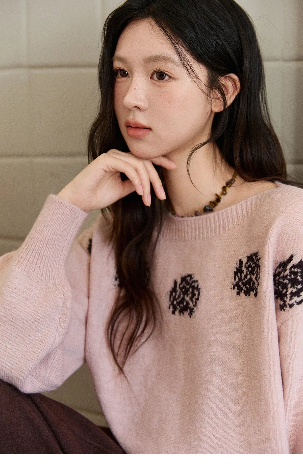 MISHOW Pink Jacquard Sweater for Women Fall Winter 2025 Lantern Sleeve Tops Shoulder Drop Thickened Knitted Sweater MXE91Z2775