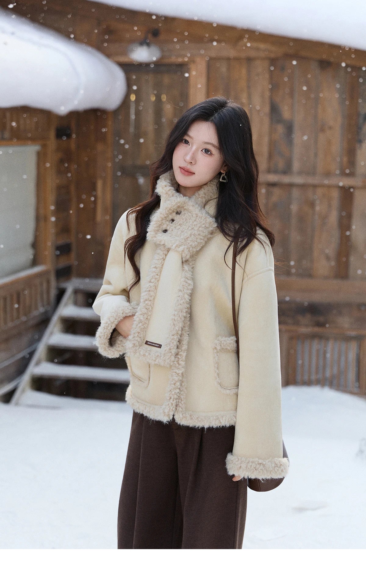 MISHOW Women's Cream Yellow Faux Suede Coat 2025 Winter Included Scarf Thickened Coats Soft Fleece Lined Outerwear MXE91W1019