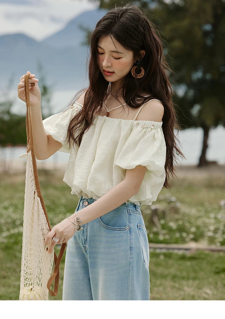 MISHOW French Summer Camisole Shirt Female 2025 New Solid Off-shoulder Short Sleeve Lace Tops Fashion Gentle Blouses MXE33X1755