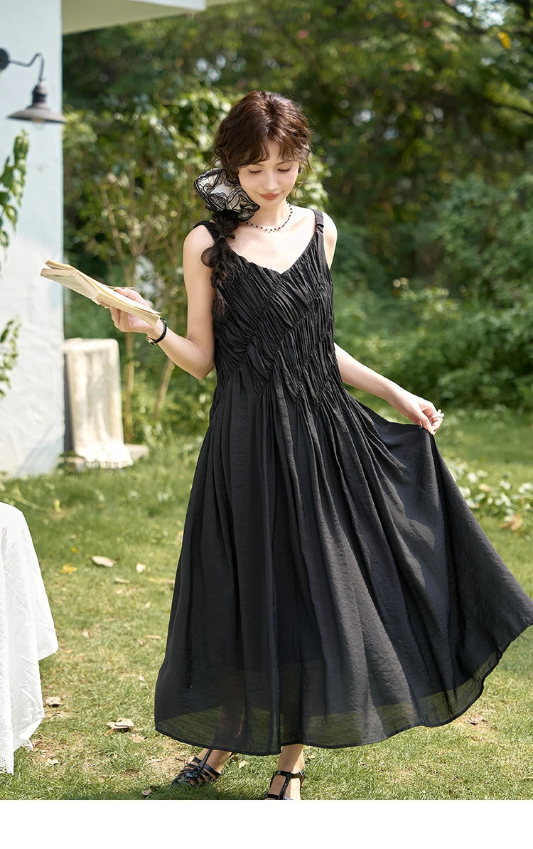 MISHOW French Retro Pleated Upper Suspender Dress for Women 2024 Summer Vacation Sleeveless Solid Mid Length Dresses MXD26L1939