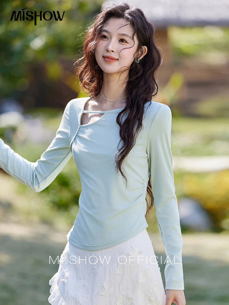 MISHOW Women's Knitted Long Sleeved T-shirt 2025 Spring Outfit Irregular Hollow Neck Tees Slim Solid Color Casual Top MXE13Z1116