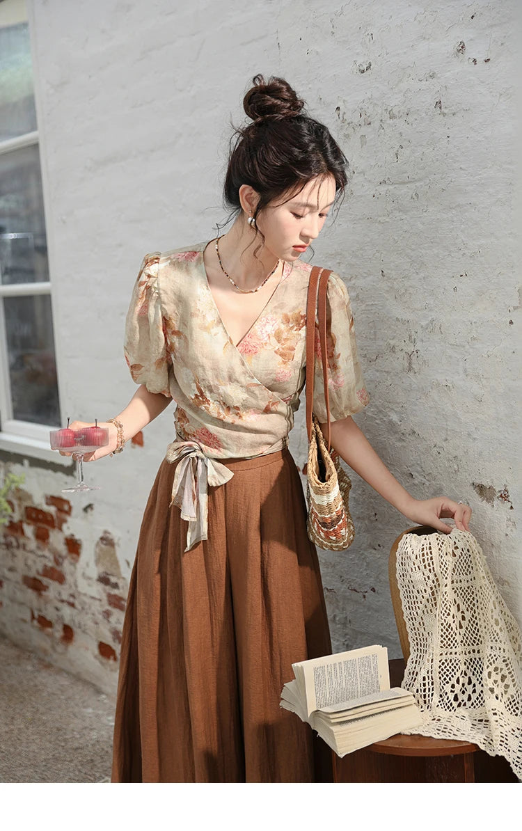 MISHOW French V-neck Floral Tops 2024 Summer Retro Short Sleeved Blouses Female Puff Sleeve Hem Strap One Piece Top MXD28X1619