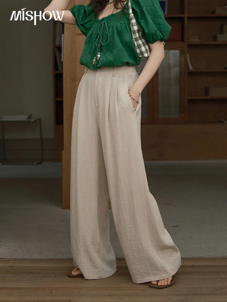 MISHOW Women Casual Wide Leg Pants 2025 Summer Button Pocket Versatile High Waist Slim Straight Pants Female Clothing MXE39K0962