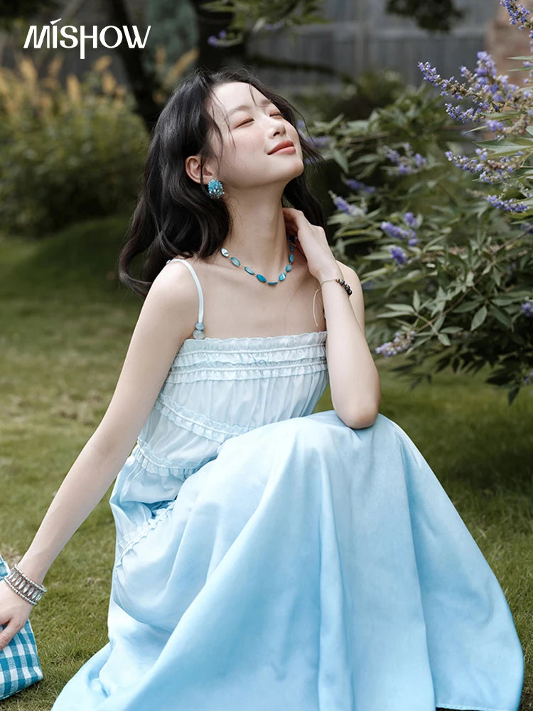 MISHOW Female Fashion Gradient Strap Dress 2025 Summer Sleeveless Black Fungal Edge Sashes Women's Vacation Dresses MXE34L2242