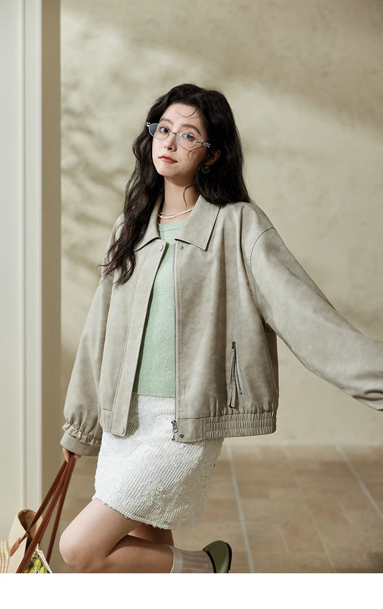 MISHOW Minimalist Short Jacket for Women Spring 2025 Casual Lapel Jacket Zipper Elastic Hem Solid Coats Streetwear MXE13W0715