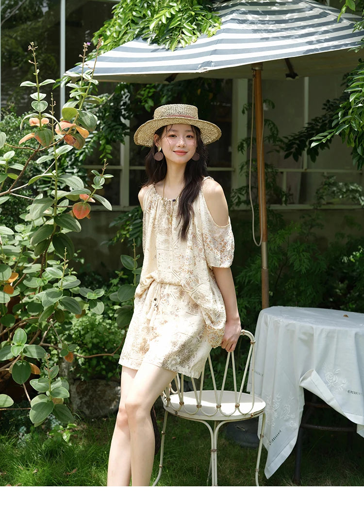 MISHOW Women's Two Piece Set 2025 Summer New Casual Bohemian Print Top Beaded Tassel Drawstring Pocket Shorts Set MXE39T0723