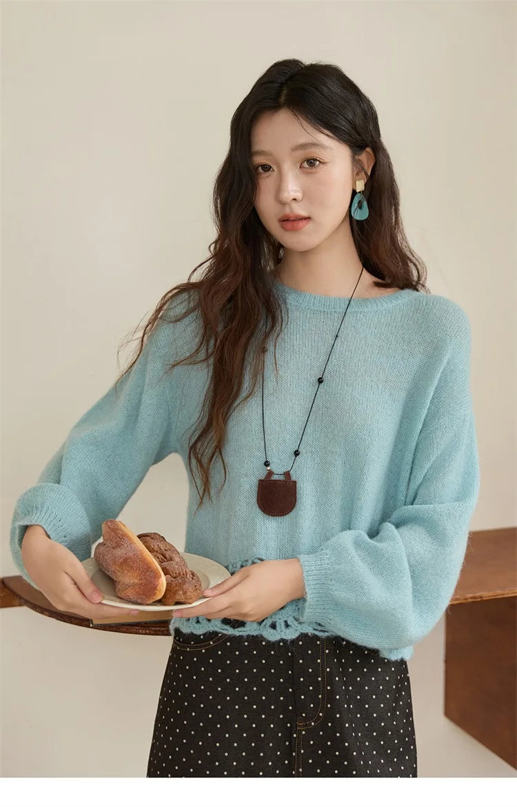 MISHOW Woman Sweaters 2025 Elegant French Hollow Out Floral Sweater Loose O-neck Long Sleeves Knit Top Autumn Clothes MXE44Z2491