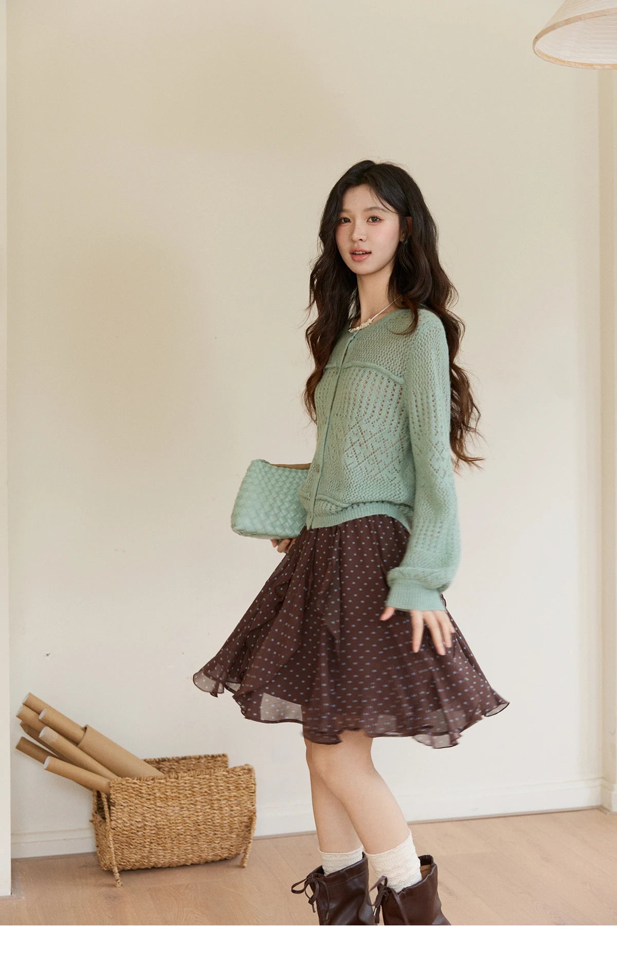 MISHOW Women's Mint Green Knitted Cardigan 2026 Spring Crew Neck Hollow Out Thin Tops Casual Loose Sheer Sweater MXF108Z1046