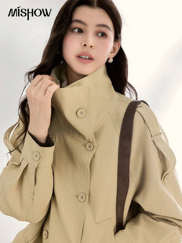 MISHOW Women's Khaki Cropped Short Leather Jacket 2026 Spring Lapel Stand Collar Double Breasted Casual Loose Coat MXF108W1000
