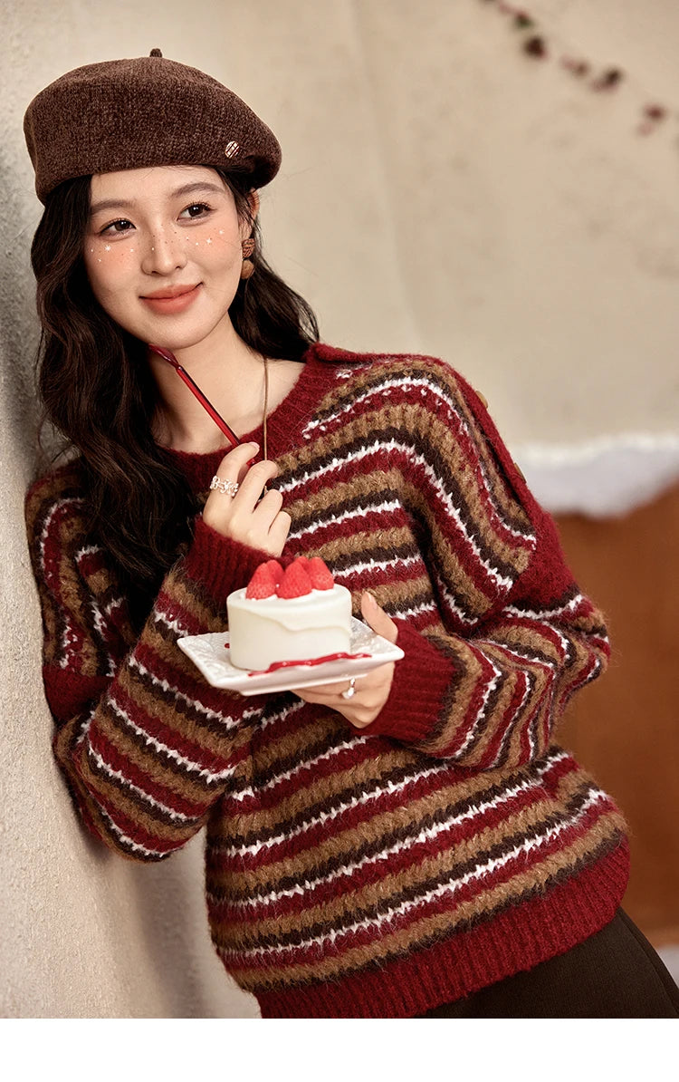 MISHOW Christmas Retro Striped Wool Blend Sweater Women Button Decoration Women Clothing Thick O-Neck Knitted Tops MXD59Z1060